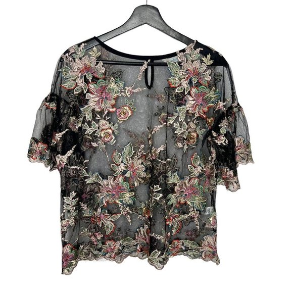 Sundance Black Multicolor Celeste Embroidered Sheer Short Sleeve Top Medium - Picture 1 of 8